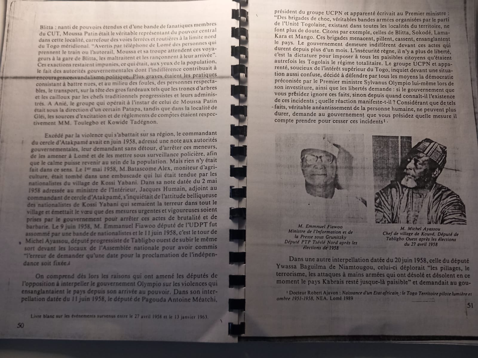 Page d'ouvrage rapportant les violences de juin 1958 contre les députés Fiawoo et Ayassou